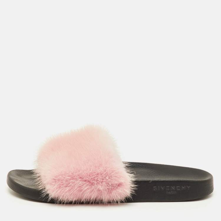 Pre Owned Givenchy Size 40 Light Pink Mink Fur Flat Slide Sandals