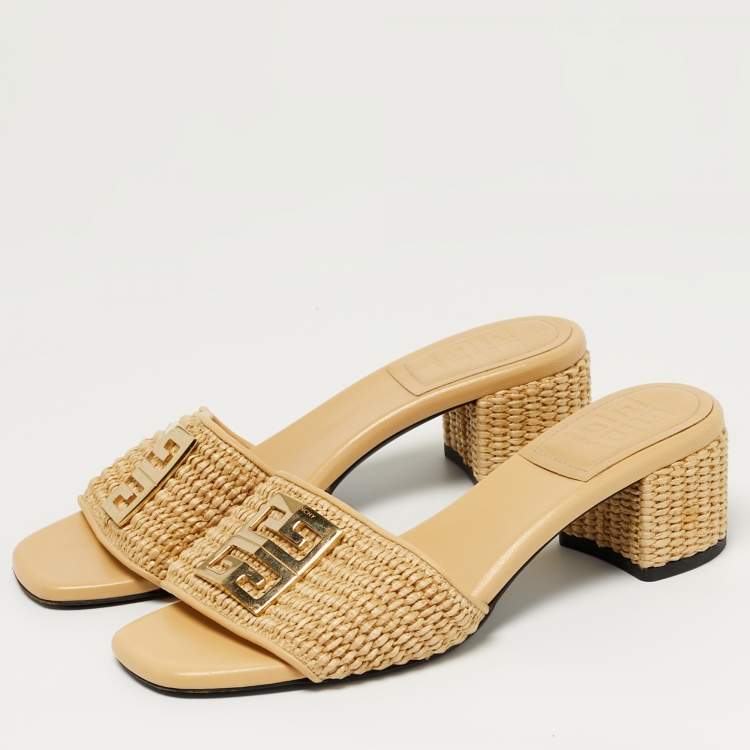 Pre Owned Givenchy G4 Size 37 Beige Leather and Raffia Slide Sandals