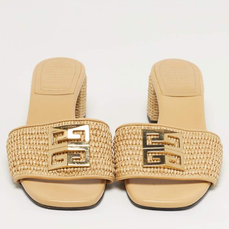 Pre Owned Givenchy G4 Size 37 Beige Leather and Raffia Slide Sandals