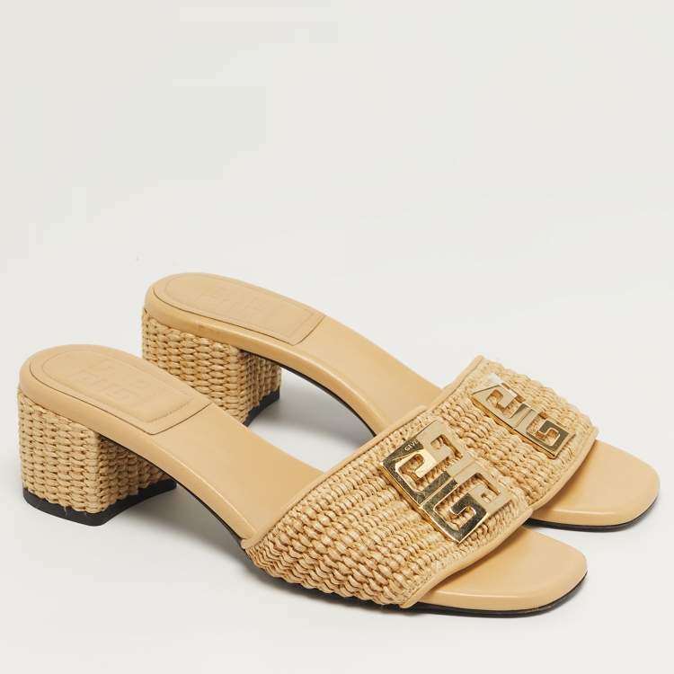 Pre Owned Givenchy G4 Size 37 Beige Leather and Raffia Slide Sandals