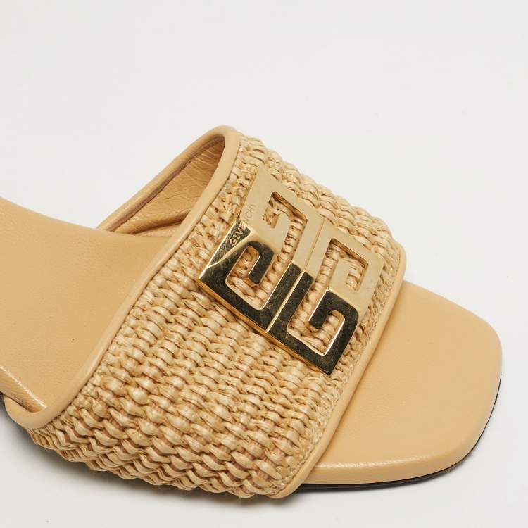 Pre Owned Givenchy G4 Size 37 Beige Leather and Raffia Slide Sandals