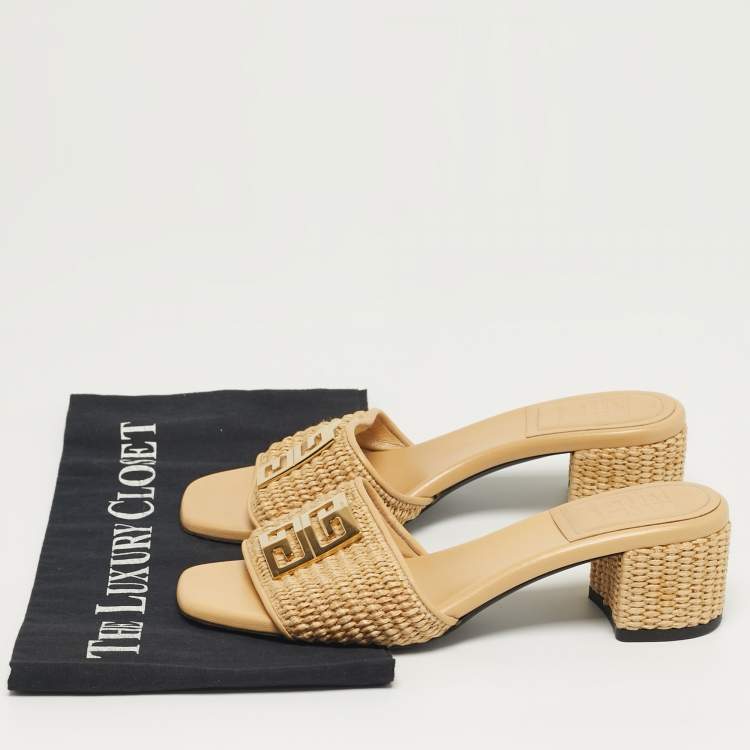 Pre Owned Givenchy G4 Size 37 Beige Leather and Raffia Slide Sandals