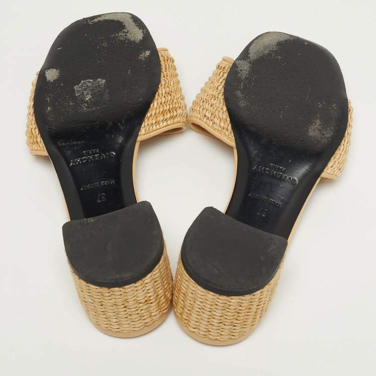 Pre Owned Givenchy G4 Size 37 Beige Leather and Raffia Slide Sandals