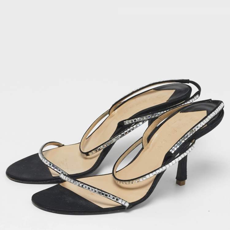 Pre Owned Givenchy Size 38.5 Black Satin Crystal Embellished Slingback Sandals