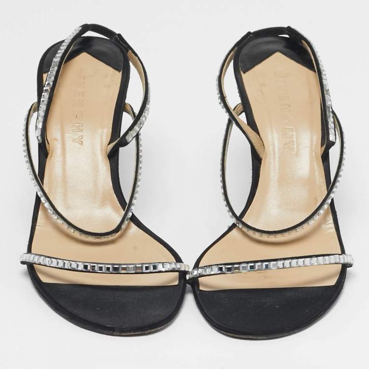 Pre Owned Givenchy Size 38.5 Black Satin Crystal Embellished Slingback Sandals