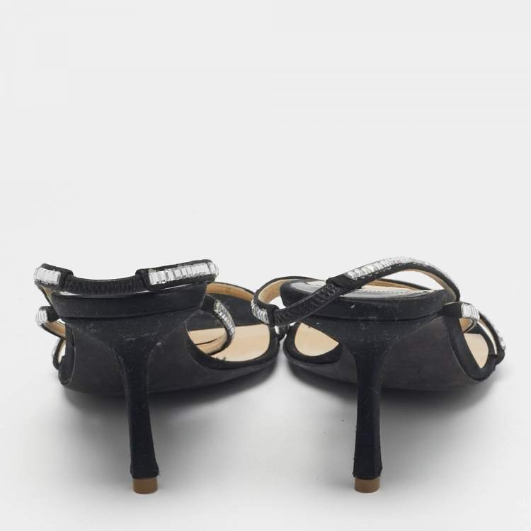 Pre Owned Givenchy Size 38.5 Black Satin Crystal Embellished Slingback Sandals