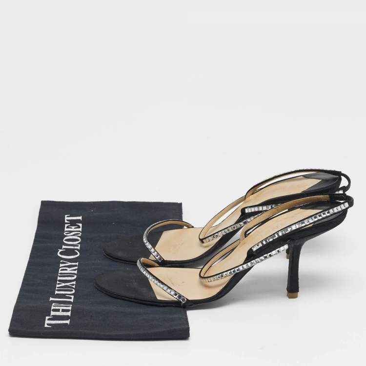 Pre Owned Givenchy Size 38.5 Black Satin Crystal Embellished Slingback Sandals