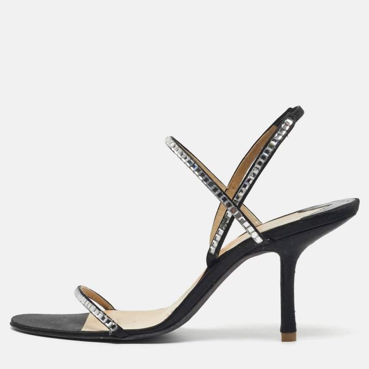 Pre Owned Givenchy Size 38.5 Black Satin Crystal Embellished Slingback Sandals