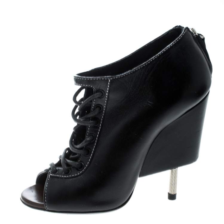 Pre Owned Givenchy Black Leather Nissa Screw Heel Open Toe Lace Up Booties Size 36