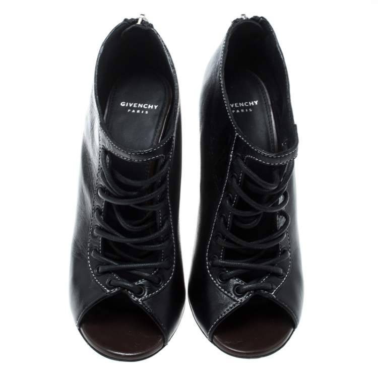 Pre Owned Givenchy Black Leather Nissa Screw Heel Open Toe Lace Up Booties Size 36