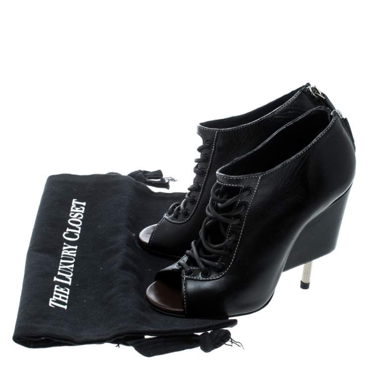 Pre Owned Givenchy Black Leather Nissa Screw Heel Open Toe Lace Up Booties Size 36