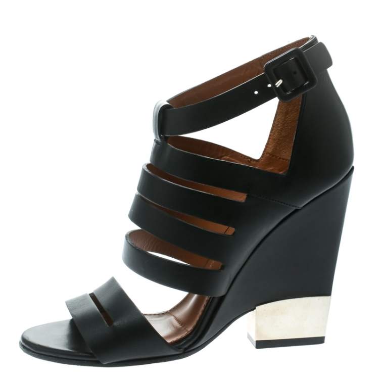 Pre Owned Givenchy Black Leather Wedge Sandals Size 35