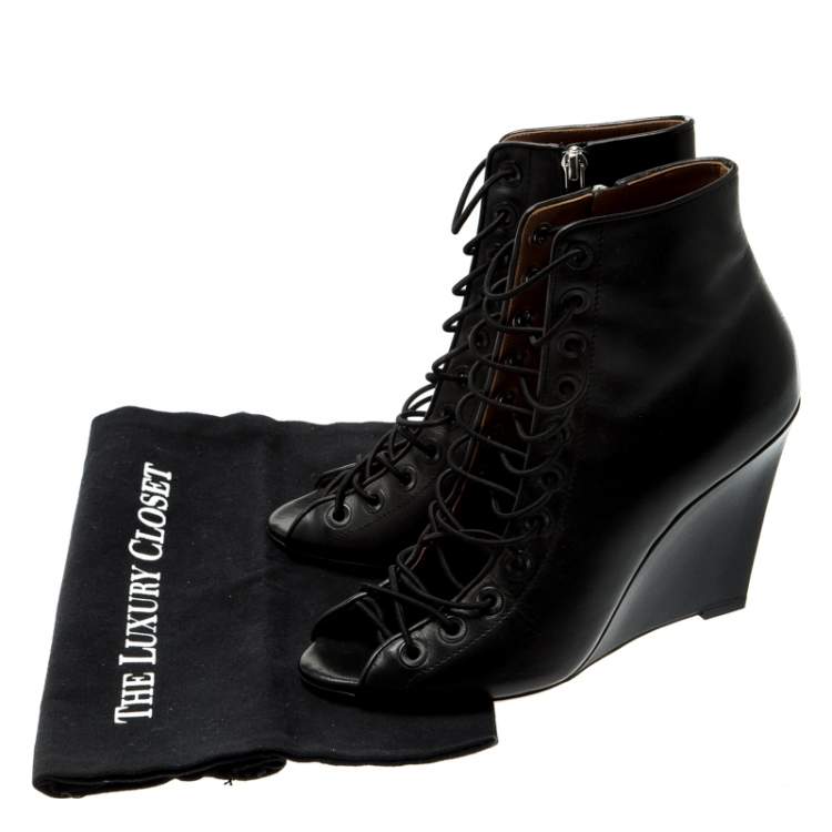 Pre Owned Givenchy Black Leather Cut Out Wedge Boots Size 39