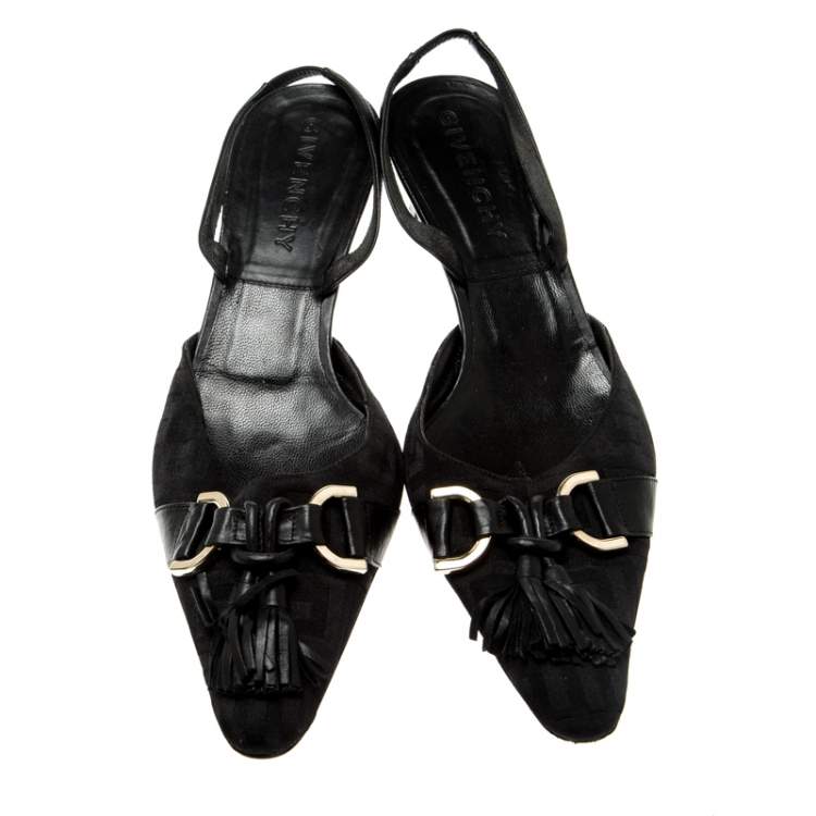 Pre Owned Givenchy Black Monogram Canvas Tassel Detail Pointed Toe Slingback Mules Size 39