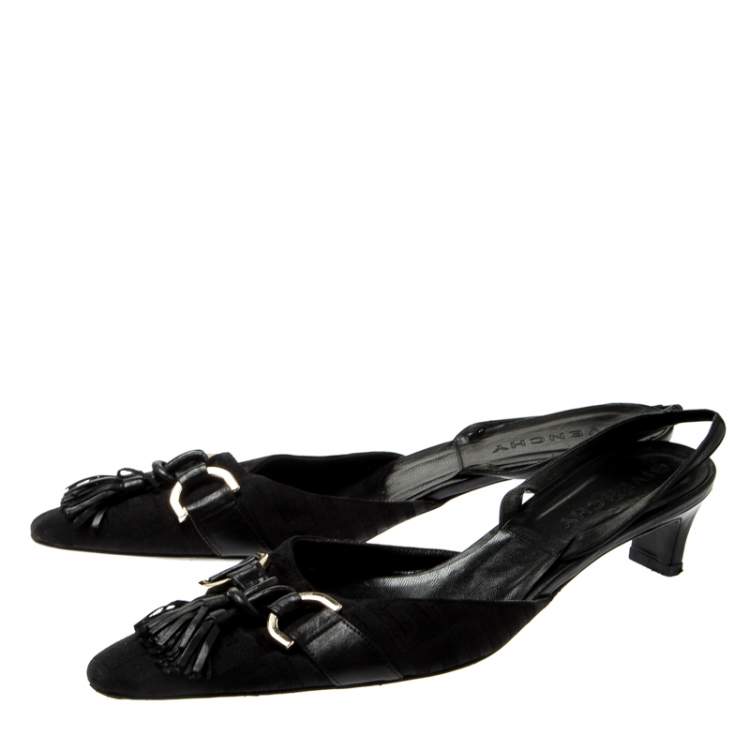 Pre Owned Givenchy Black Monogram Canvas Tassel Detail Pointed Toe Slingback Mules Size 39
