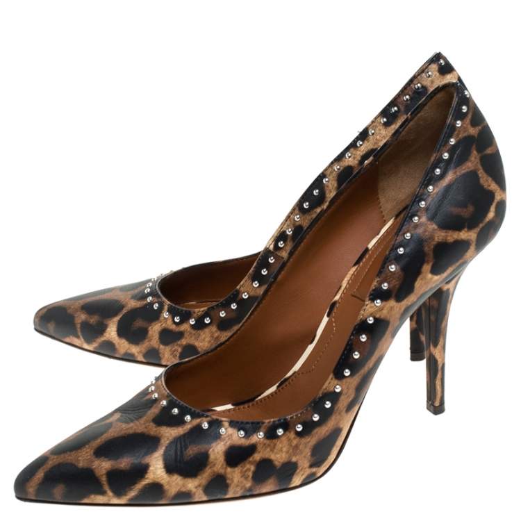 Pre Owned Givenchy Multicolor Leopard Print Leather Metal Stud Embellished Pointed Toe Pumps Size 39