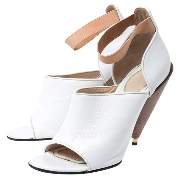 Pre Owned Givenchy White/Beige Leather Cone Heel Ankle Strap Sandals Size 38
