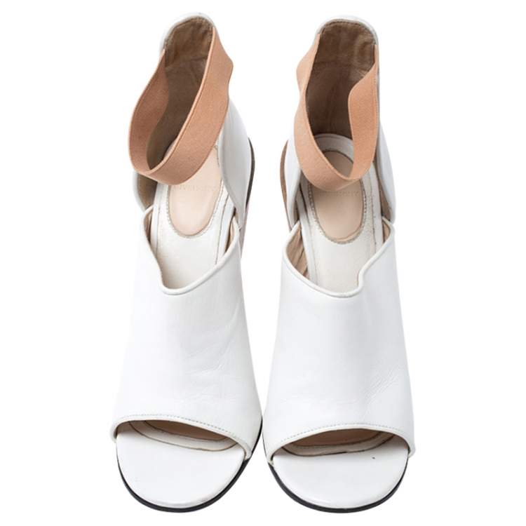 Pre Owned Givenchy White/Beige Leather Cone Heel Ankle Strap Sandals Size 38
