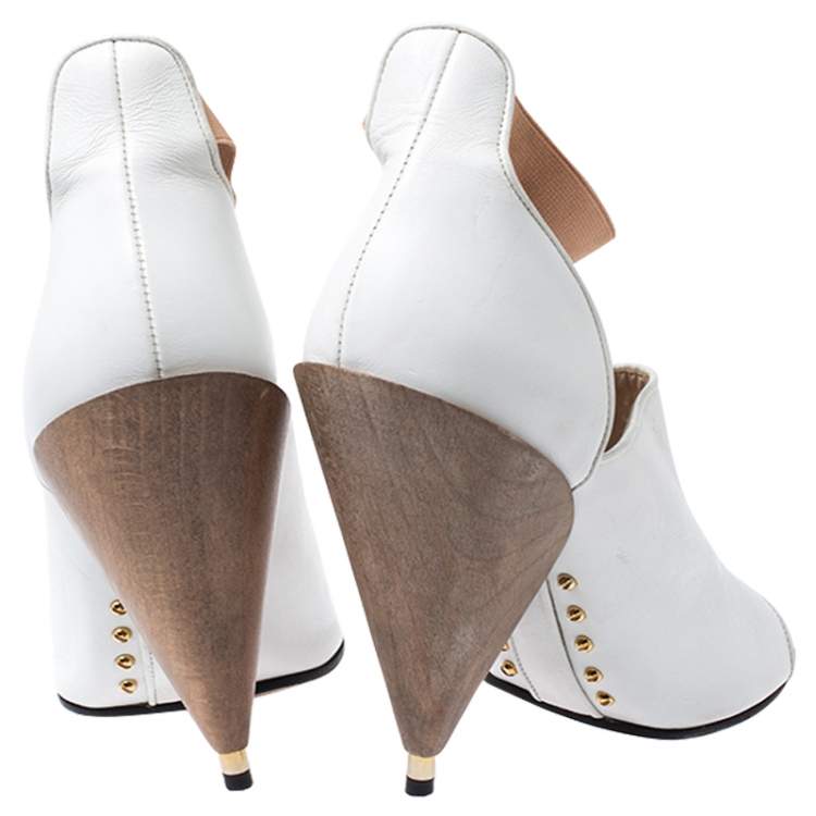 Pre Owned Givenchy White/Beige Leather Cone Heel Ankle Strap Sandals Size 38