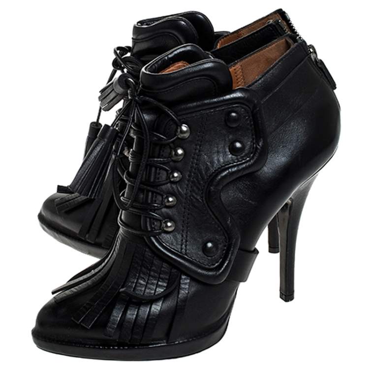 Pre Owned Givenchy Black Leather Fringe Lace Up Booties Size 37