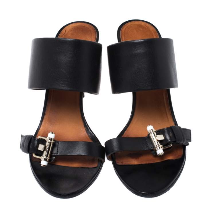 Pre Owned  Givenchy Black Leather Obsedia Buckle Detail Slides Size 39