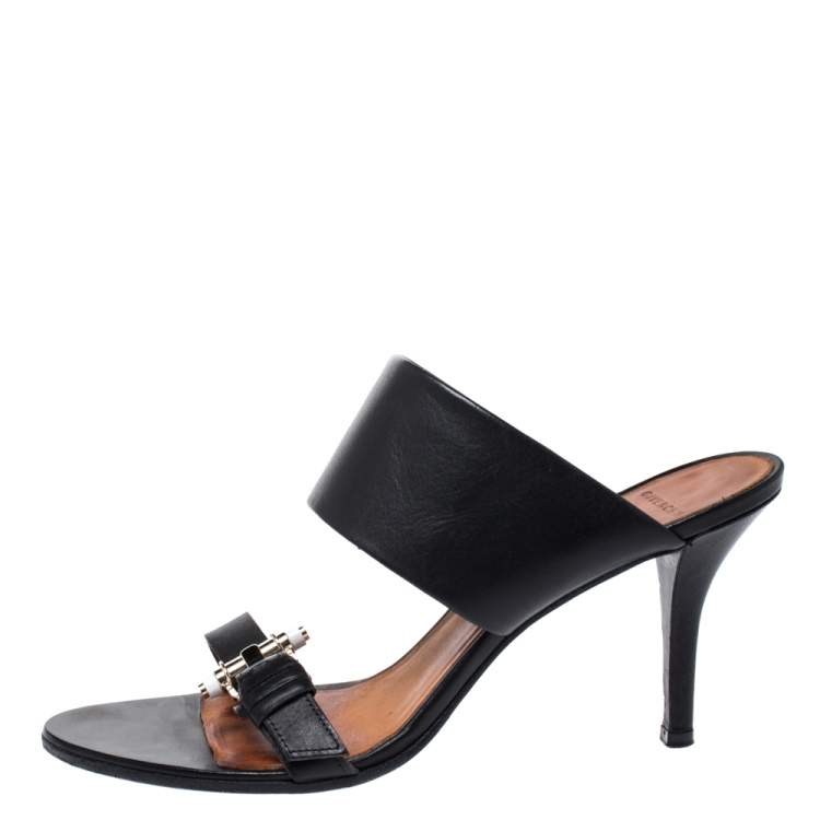 Pre Owned  Givenchy Black Leather Obsedia Buckle Detail Slides Size 39