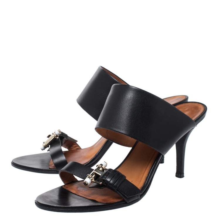 Pre Owned  Givenchy Black Leather Obsedia Buckle Detail Slides Size 39