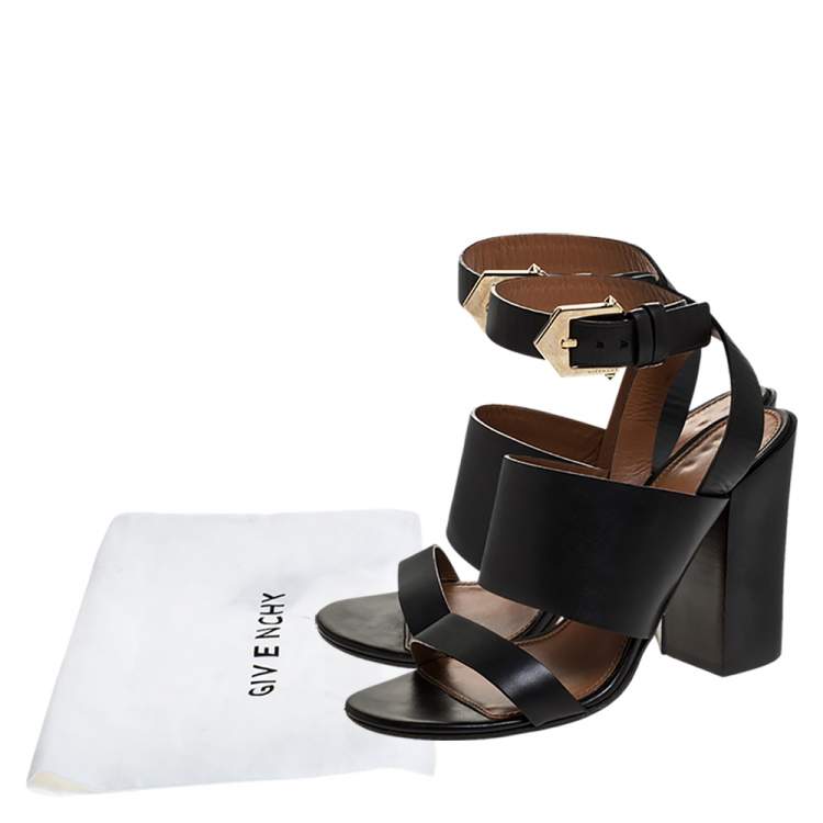 Pre Owned Givenchy Black Leather Ankle Strap Block Heel Sandals Size 39.5