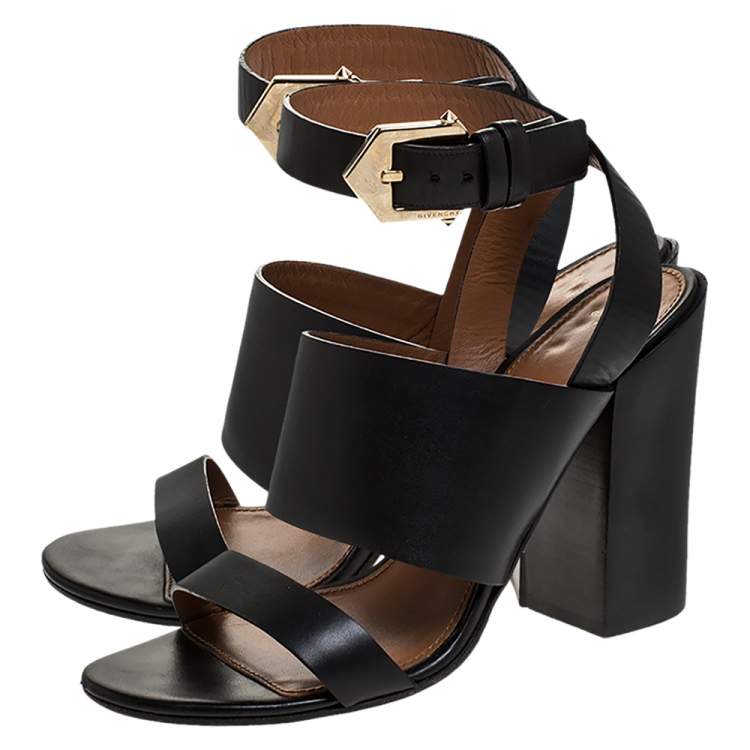 Pre Owned Givenchy Black Leather Ankle Strap Block Heel Sandals Size 39.5