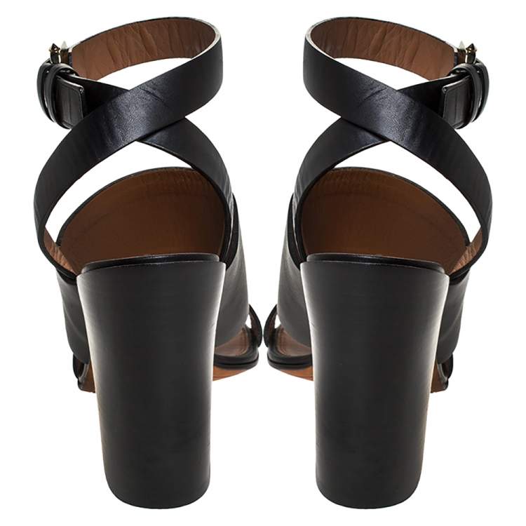 Pre Owned Givenchy Black Leather Ankle Strap Block Heel Sandals Size 39.5