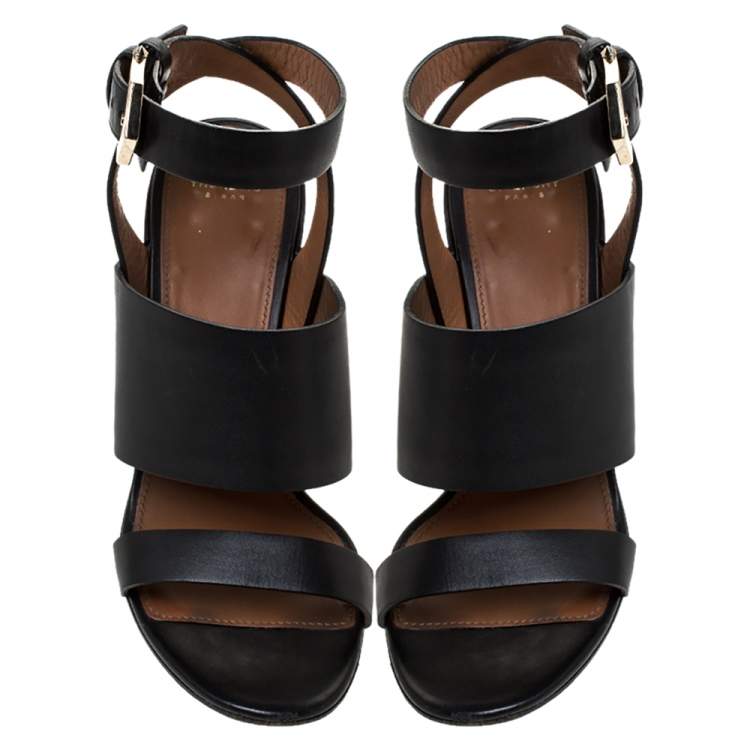 Pre Owned Givenchy Black Leather Ankle Strap Block Heel Sandals Size 39.5
