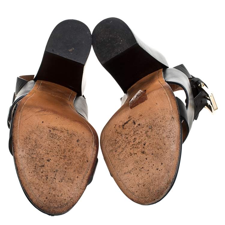Pre Owned Givenchy Black Leather Ankle Strap Block Heel Sandals Size 39.5