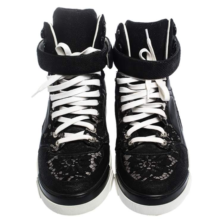 Pre Owned Givenchy Black Leather And Floral Lace Tyson High Top Sneakers Size 39