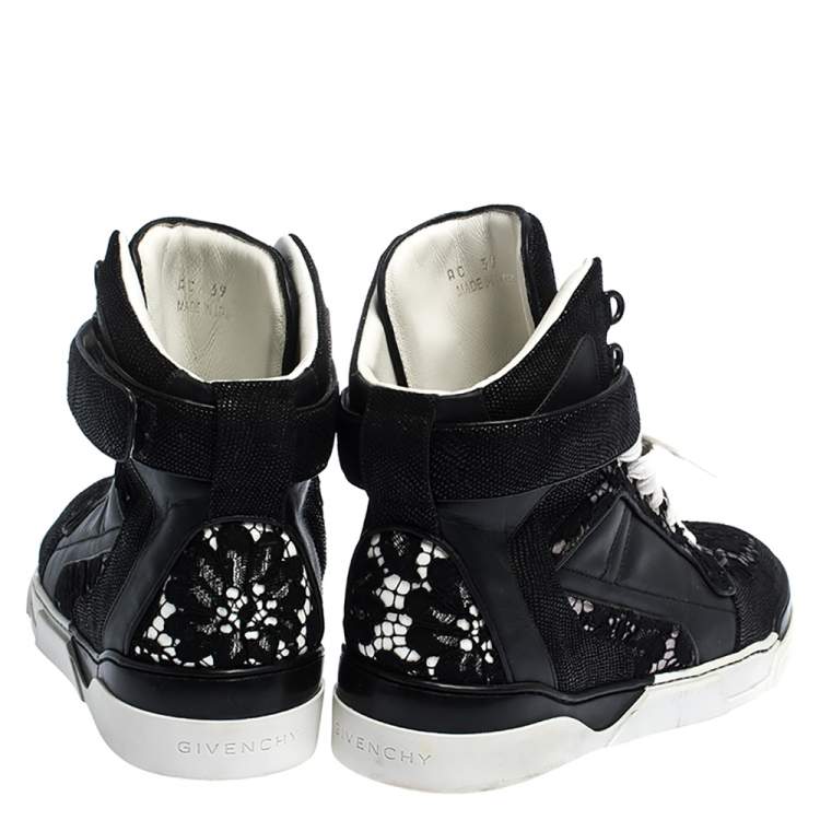 Pre Owned Givenchy Black Leather And Floral Lace Tyson High Top Sneakers Size 39
