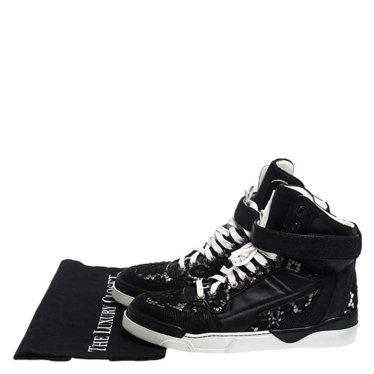 Pre Owned Givenchy Black Leather And Floral Lace Tyson High Top Sneakers Size 39