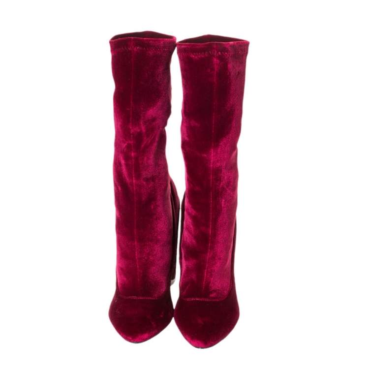 Pre Owned Givenchy Red Velvet Mother Of Pearl Block Heel Mid Calf Boots Size 38