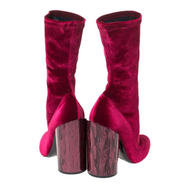 Pre Owned Givenchy Red Velvet Mother Of Pearl Block Heel Mid Calf Boots Size 38