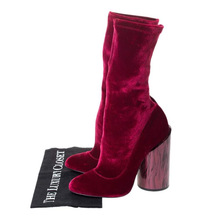 Pre Owned Givenchy Red Velvet Mother Of Pearl Block Heel Mid Calf Boots Size 38