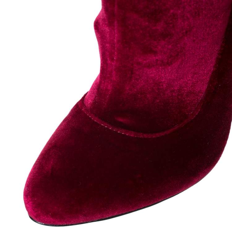 Pre Owned Givenchy Red Velvet Mother Of Pearl Block Heel Mid Calf Boots Size 38