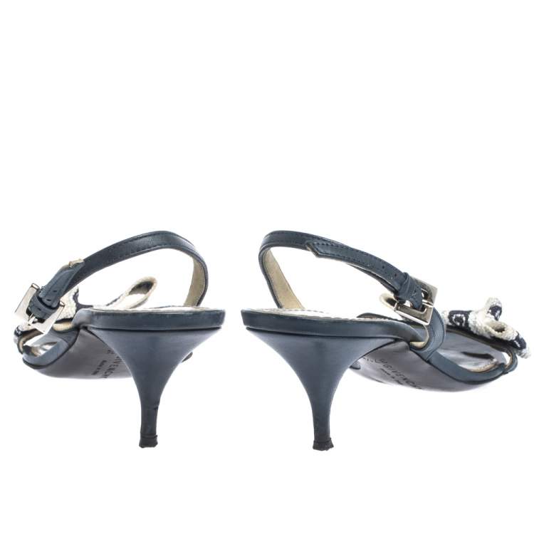 Pre Owned Givenchy Blue/White Leather And Logo Woven Fabric Slingback Sandals Size 37.5