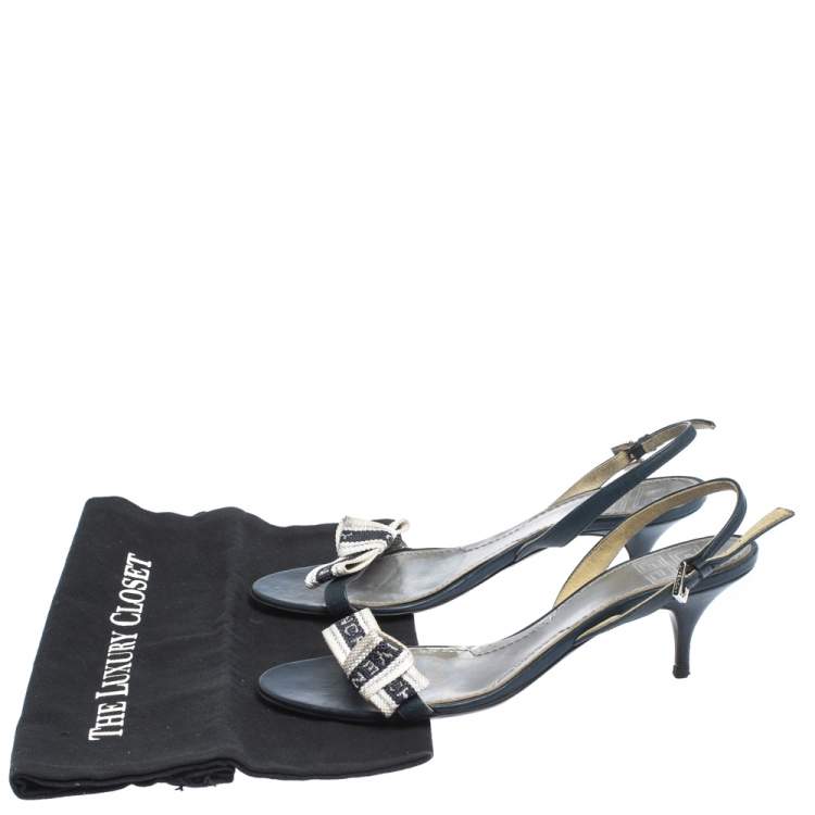 Pre Owned Givenchy Blue/White Leather And Logo Woven Fabric Slingback Sandals Size 37.5