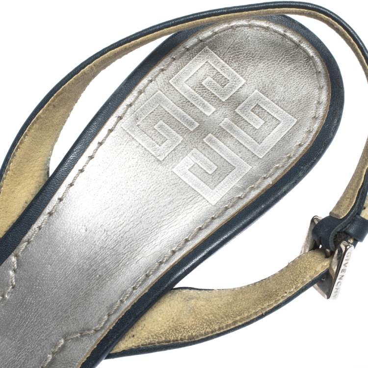 Pre Owned Givenchy Blue/White Leather And Logo Woven Fabric Slingback Sandals Size 37.5