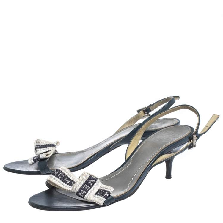 Pre Owned Givenchy Blue/White Leather And Logo Woven Fabric Slingback Sandals Size 37.5