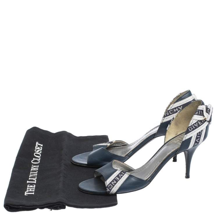 Pre Owned Givenchy Blue Leather And Canvas Bow Open Toe Sandals Size 38