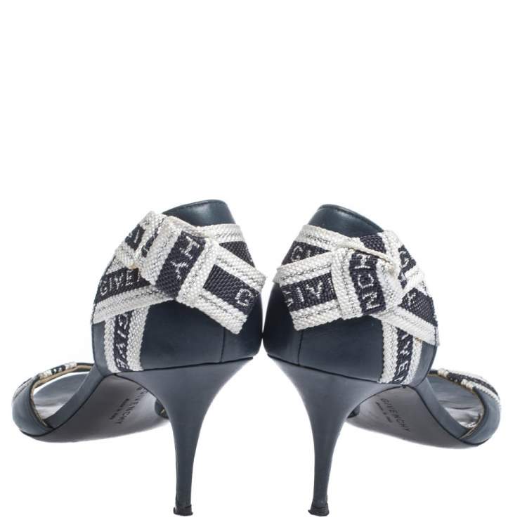 Pre Owned Givenchy Blue Leather And Canvas Bow Open Toe Sandals Size 38