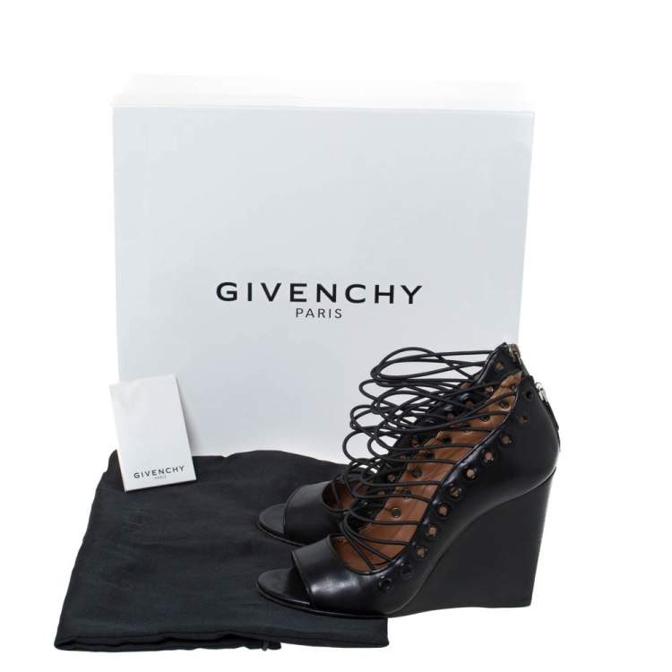 Pre Owned Givenchy Black Leather Strappy Ria Wedge Sandals Size 39