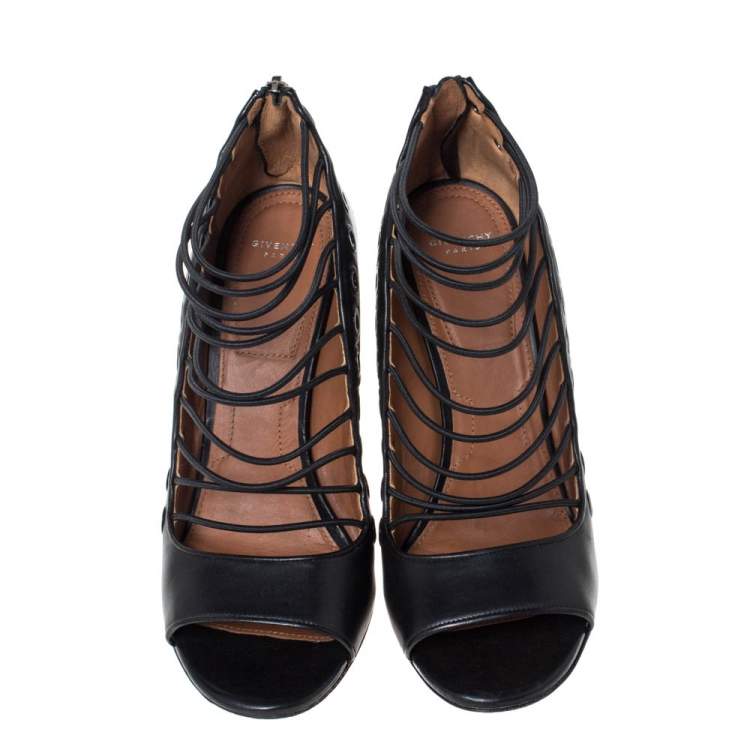 Pre Owned Givenchy Black Leather Strappy Ria Wedge Sandals Size 39