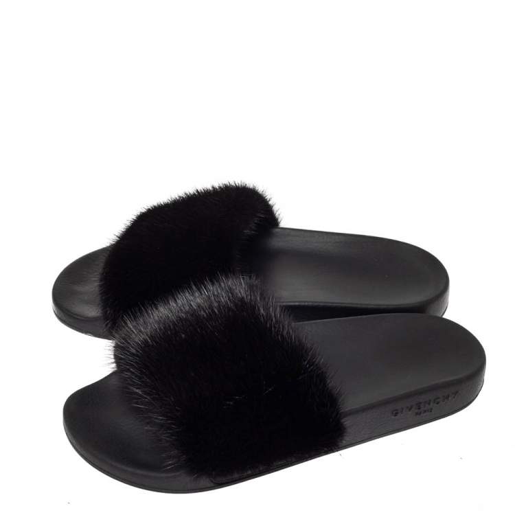 Pre Owned Givenchy Black Mink Fur Pool Slide Sandals Size 40