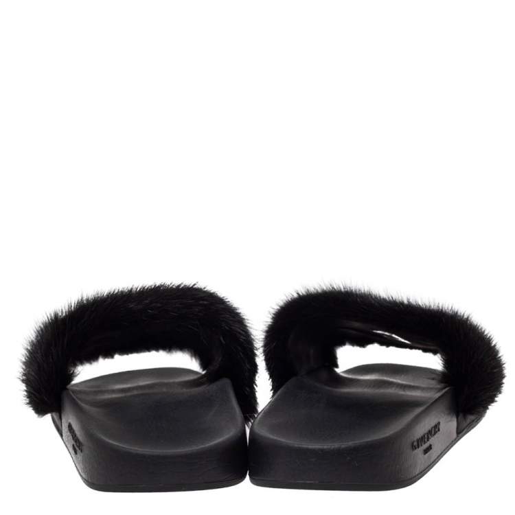 Pre Owned Givenchy Black Mink Fur Pool Slide Sandals Size 40