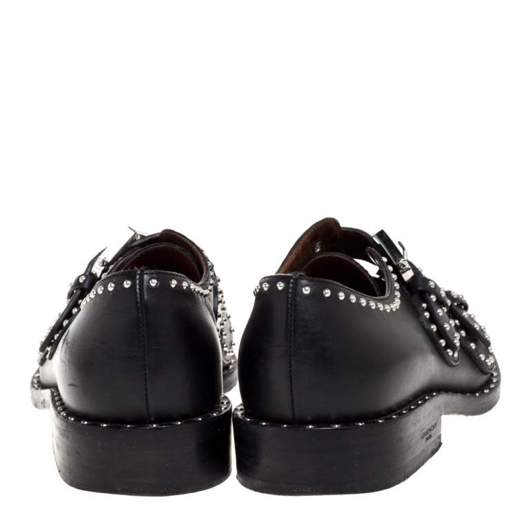 Pre Owned Givenchy Black Leather Studded Double Monk Flats Size 36